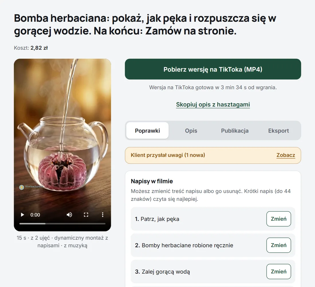 Ekran filmu w panelu Zrolkuj: gotowa rolka, koszt montażu, przycisk wersji na TikToka i lista napisów do poprawienia.