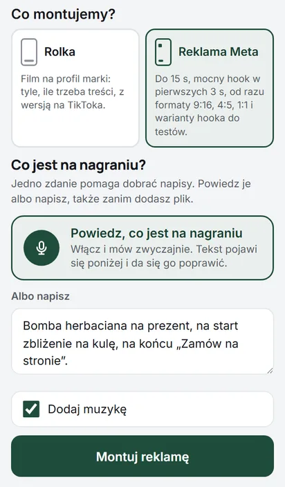 Fragment ekranu „Nowe nagranie” w panelu Zrolkuj z wybranym trybem „Reklama Meta”: do 15 s, mocny hak w pierwszych 3 s, formaty 9:16, 4:5, 1:1 i warianty haka do testów.