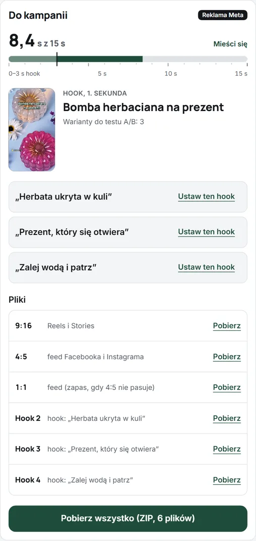 Sekcja „Do kampanii” na ekranie filmu w panelu Zrolkuj: miarka długości do 15 sekund, hak z pierwszej sekundy, inne haki do wyboru i pliki w formatach 9:16, 4:5 i 1:1.