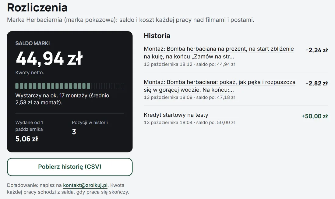 Ekran rozliczeń w panelu Zrolkuj: saldo marki w złotych, kwota wydana w tym miesiącu i historia pozycji z kwotą za każdy montaż.