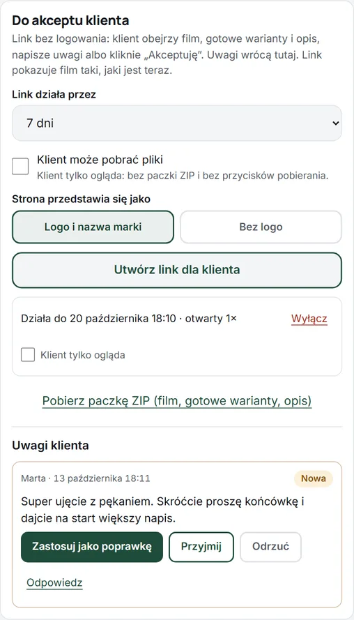 Karta „Do akceptu klienta” w panelu Zrolkuj: ustawienia linku, zgoda na pobieranie plików i uwaga klienta z przyciskami „Zastosuj jako poprawkę”, „Przyjmij” i „Odrzuć”.
